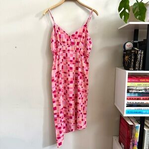 Vintage 90s Pink Mosaic Dress Spaghetti Straps 11/12 Asymmetric Hem